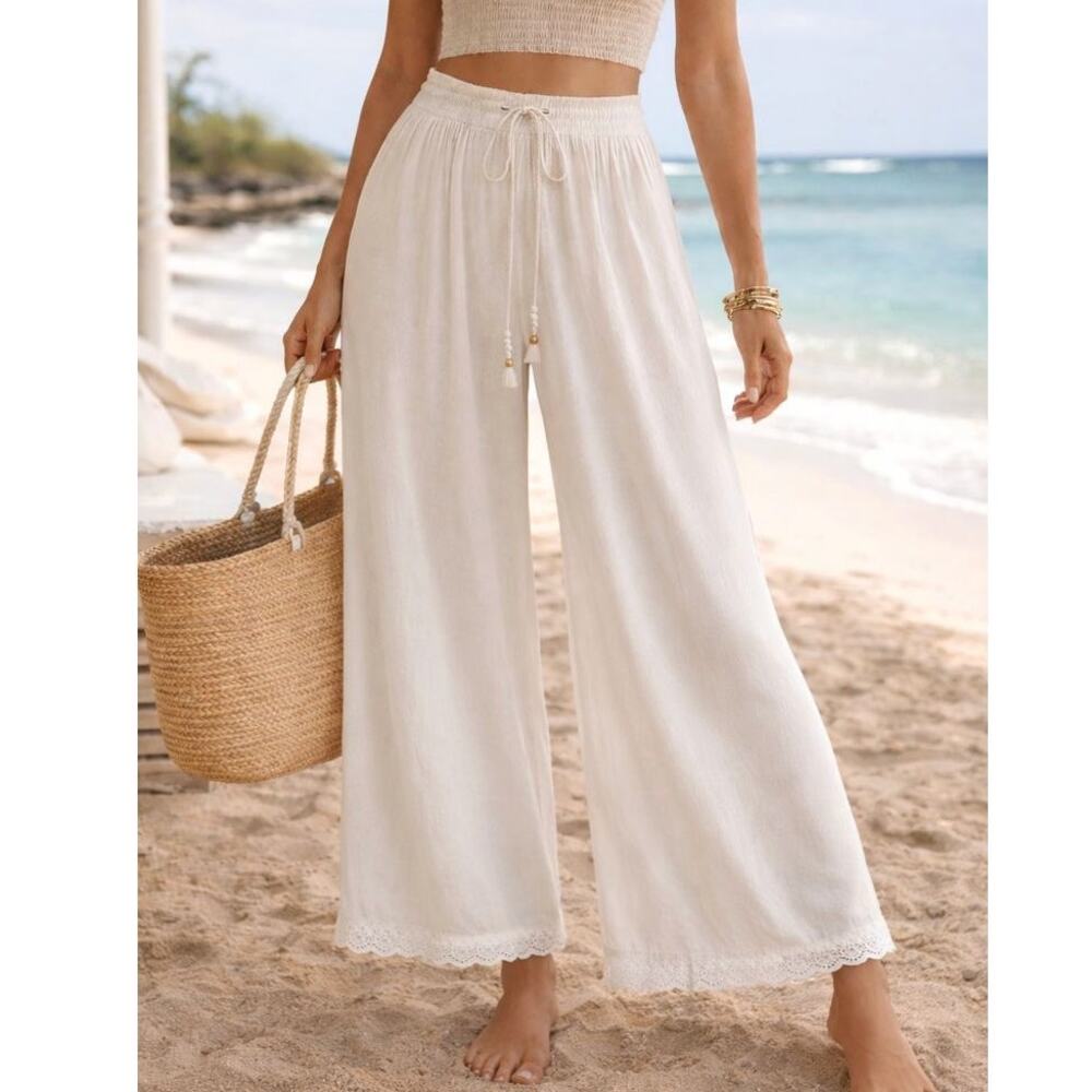 Angie Palazzo Pants Flowy Rayon Size L NWT Coastal Beachy Cottage Indie